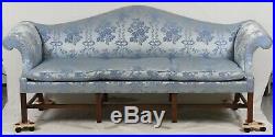 Kittinger Historic Newport Mahogany Chippendale Sofa Blue Silk Damask Fabric