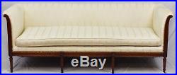 LOUIS XVI STYLE Mahogany Sofa with Sheraton Style Legs w Stripped Cream Fabric