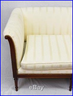 LOUIS XVI STYLE Mahogany Sofa with Sheraton Style Legs w Stripped Cream Fabric