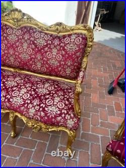 Large Antique Style Gilt Love Seat French Style Red Fabric