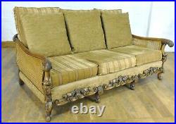 Large Antique style carved bergere cane 3 seater sofa settee