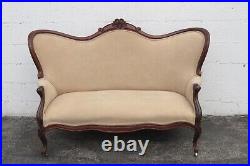 Late 1800s Victorian Carved Solid Walnut Settee Loveseat 3929