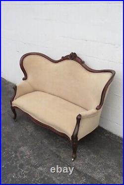 Late 1800s Victorian Carved Solid Walnut Settee Loveseat 3929