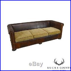 Lillian August Brown Leather Sofa with Upholstered Cushion