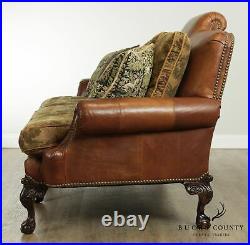 Lillian August Large Brown Leather Mahogany Ball & Claw Sofa