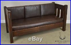 Limbert Antique Mission Oak Even Arm Settle Sofa With Brown Leather