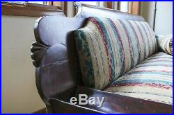 Long Antique Empire Victorian Mahogany Upholstered Sofa or Couch