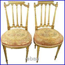 Louis XVI Antique Giltwood Carved Pair Boudoir Chairs Original Aubusson Fabric