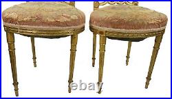 Louis XVI Antique Giltwood Carved Pair Boudoir Chairs Original Aubusson Fabric