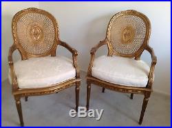 Louis XVI Carved Wood cane back Gold fireside arm chairs (set of 2) withcushions