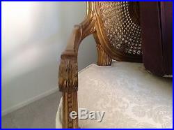 Louis XVI Carved Wood cane back Gold fireside arm chairs (set of 2) withcushions
