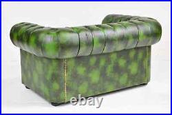 Loveseat, Chesterfield, British Green Bonded Leather, Tufted, Nail Head, Sofa