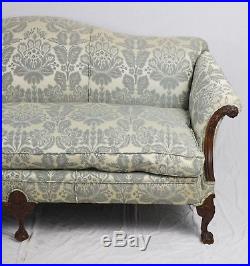 Mahogany Chippendale Claw and Ball Sofa Williamsburg Style Blue Damask Fabric