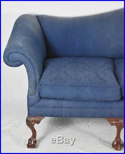 Mahogany Chippendale Style Camel Back Sofa Claw & Ball Feet Blue Damask Fabric