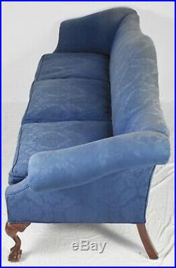 Mahogany Chippendale Style Camel Back Sofa Claw & Ball Feet Blue Damask Fabric
