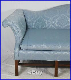 Mahogany Chippendale Style Camel Back Sofa Williamsburg Style Blue Damask Fabric