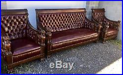 Mahogany Winged Griffin 3 Pc. Parlor Set With Tufted Leather