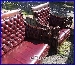 Mahogany Winged Griffin 3 Pc. Parlor Set With Tufted Leather