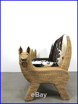 Mario Lopez Rattan Wicker Cowhide Settee Sofa Bench Mid Century Mexican Modern
