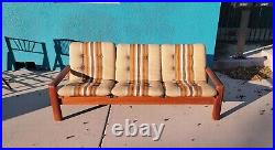 Mid Century 1970s original upholstery solid wood Arm Sofa With Slat Back