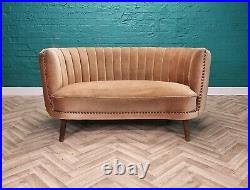 Mid Century Art Deco Vintage Danish Gold Velour 2 Seat Banana Sofa Settee 1940s