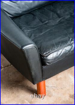 Mid Century Danish Modern Sofa Couch 2 Seat Leather Black Settee Denmark Vintage