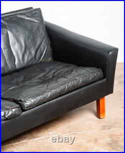 Mid Century Danish Modern Sofa Couch 2 Seat Leather Black Settee Denmark Vintage