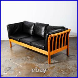 Mid Century Danish Modern Sofa Couch 3 Seater Stouby Worn Leather Black Denmark