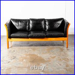 Mid Century Danish Modern Sofa Couch 3 Seater Stouby Worn Leather Black Denmark