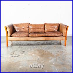 Mid Century Danish Modern Sofa Couch 3 Seater Stouby Worn Leather Tan Denmark