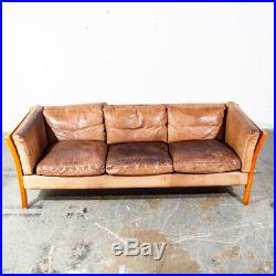 Mid Century Danish Modern Sofa Couch 3 Seater Stouby Worn Leather Tan Denmark