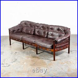 Mid Century Danish Modern Sofa Couch Brown Leather Arne Norell Teak 3 Seat Wide