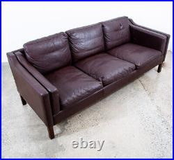 Mid Century Danish Modern Sofa Couch Leather 3 Seater Burgundy Brown Wood Legs