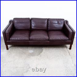 Mid Century Danish Modern Sofa Couch Leather 3 Seater Burgundy Brown Wood Legs