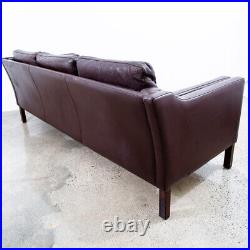 Mid Century Danish Modern Sofa Couch Leather 3 Seater Burgundy Brown Wood Legs