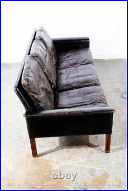 Mid Century Danish Modern Sofa Couch Leather Hans Olsen Black Arm Glostrup Worn