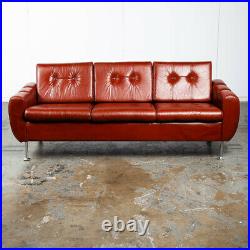 Mid Century Danish Modern Sofa Couch Ox Blood Red Leather 3 Seater Chrome Tufted