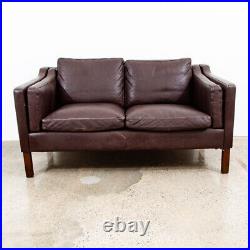 Mid Century Danish Modern Sofa Loveseat Couch Leather 2 Seater Burgundy Brown VG