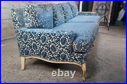 Mid Century French Provincial Down Filled Blue Velvet Floral Day Sofa Couch 98