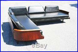Mid Century Modern 2 Pc DAYBED SOFA black vinyl vintage wood couch danish 50s
