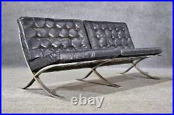 Mid Century Modern Barcelona Style Settee in Gray Leather Chrome