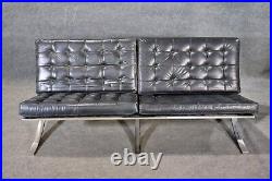 Mid Century Modern Barcelona Style Settee in Gray Leather Chrome