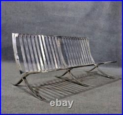 Mid Century Modern Barcelona Style Settee in Gray Leather Chrome