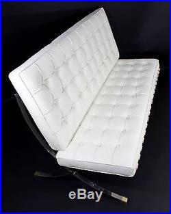 Mid Century Modern Barcelona Style White Leather & Chrome Bench Sofa Loveseat