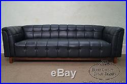 Mid Century Modern Black Tufted Faux Leather Walnut Box Sofa