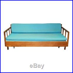 Mid Century Modern DAYBED SOFA vintage cloth wood couch danish pullout 50s/60s
