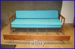 Mid Century Modern DAYBED SOFA vintage cloth wood couch danish pullout 50s/60s