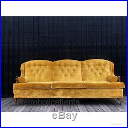Mid Century Modern Golden Yellow Mustard Velvet Sofa Vintage