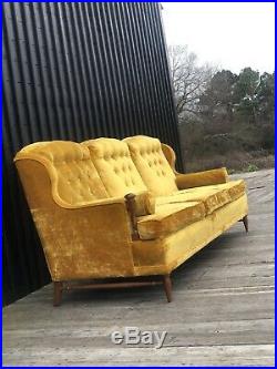 Mid Century Modern Golden Yellow Mustard Velvet Sofa Vintage