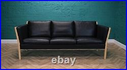 Mid Century Modern Retro Danish Skippers 3 Seat Black Leather Sofa Settee Couch